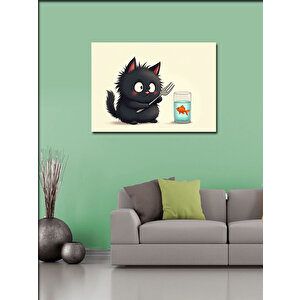 Kanvas Tablo Balıkla Oynayan Kara Kedi 100x140 cm