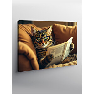 Kanvas Tablo Gazete Okuyan Kedi Figürü 100x140 cm