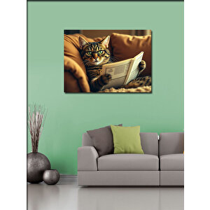Kanvas Tablo Gazete Okuyan Kedi Figürü 70x100 cm
