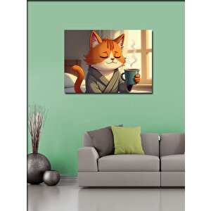 Kanvas Tablo Kahve İçen Kedi Figürü 50x70 cm