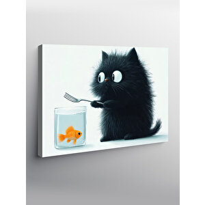 Kanvas Tablo Akvaryum Balıklı Kara Kedi 50x70 cm