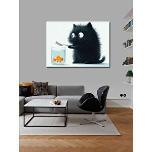 Kanvas Tablo Akvaryum Balıklı Kara Kedi 50x70 cm