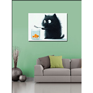 Kanvas Tablo Akvaryum Balıklı Kara Kedi 50x70 cm