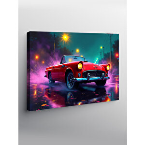 Kanvas Tablo Neon Işıklı Kırmızı Klasik Araba 100x140 cm