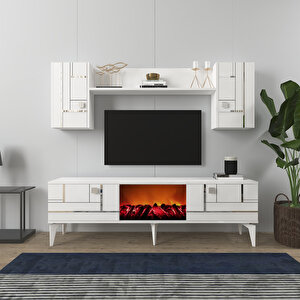 Madera Şömineli Tv Ünitesi Takımı Beyaz-Gümüş