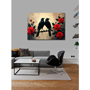 Kanvas Tablo Kırmızı Güller Ve Kuşlar 50x70 cm