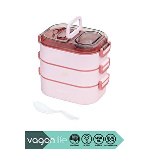 Bento 1450ml Lunchbox Yeni Koleksiyon Üç Katlı 5 Bölmeli Çelik Sefer Tası Yemek Kutusu Pembe