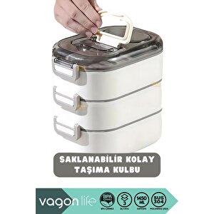 Bento 1450ml Lunchbox Yeni Koleksiyon Üç Katlı 5 Bölmeli Çelik Sefer Tası Yemek Kutusu Pembe