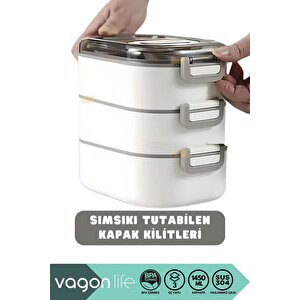 Vagonlife Bento 1450ml Lunchbox Yeni Koleksiyon Üç Katlı 5 Bölmeli Çelik Sefer Tası Yemek Kutusu Pembe
