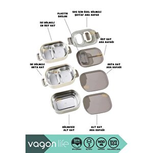 Vagonlife Bento 1450ml Lunchbox Yeni Koleksiyon Üç Katlı 5 Bölmeli Çelik Sefer Tası Yemek Kutusu Pembe