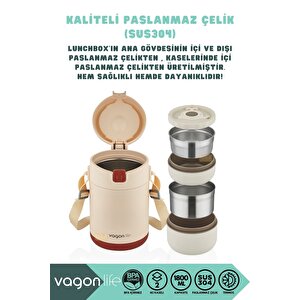 Vagonlife Bento 1800ml Lunchbox Yeni Koleksiyon 2 Kaseli 4-6saat Termos Özellikli Çelik Sefertası Yemek Kutusu Bej
