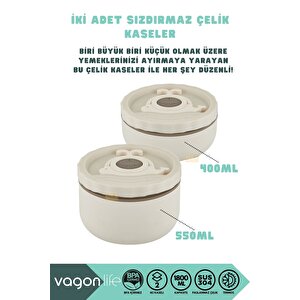 Vagonlife Bento 1800ml Lunchbox Yeni Koleksiyon 2 Kaseli 4-6saat Termos Özellikli Çelik Sefertası Yemek Kutusu Bej