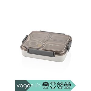 Bento 1200ml Lunchbox Yeni Koleksiyon Tek Katlı 4 Bölmeli Ve Kaseli Çelik Sefer Tası Yemek Kutusu Gri