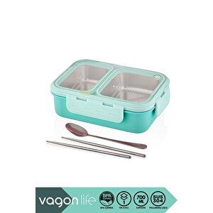 Bento 700ml Lunchbox Yeni Koleksiyon Tek Katlı 2 Bölmeli Çelik Sefer Tası Yemek Kutusu Turkuaz