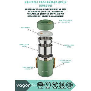 Vagonlife Bento 1600ml Lunchbox Yeni Koleksiyon 2 Kaseli 4-6saat Termos Özellikli Çelik Sefertası Yemek Kutusu Yeşil
