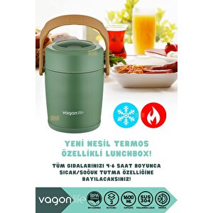Vagonlife Bento 1600ml Lunchbox Yeni Koleksiyon 2 Kaseli 4-6saat Termos Özellikli Çelik Sefertası Yemek Kutusu Yeşil