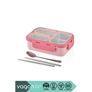 Bento 620ml Lunchbox Yeni Koleksiyon Tek Katlı 3 Bölmeli Çelik Sefer Tası Yemek Kutusu Pembe