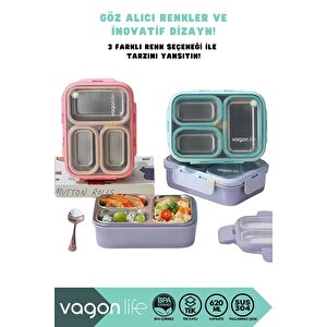 Vagonlife Bento 620ml Lunchbox Yeni Koleksiyon Tek Katlı 3 Bölmeli Çelik Sefer Tası Yemek Kutusu Pembe