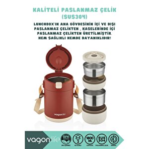 Vagonlife Bento 1800ml Lunchbox Yeni Koleksiyon 2 Kaseli 4-6saat Termos Özellikli Çelik Sefertası Yemek Kutusu Kırmızı