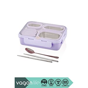 Bento 950ml Lunchbox Yeni Koleksiyon Tek Katlı 4 Bölmeli Çelik Sefer Tası Yemek Kutusu Mor