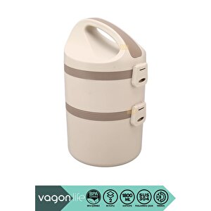 Bento 1800ml Lunchbox Yeni Koleksiyon 2 Katlı 4-6saat Termos Özellikli Çelik Sefer Tası Yemek Kutusu Bej