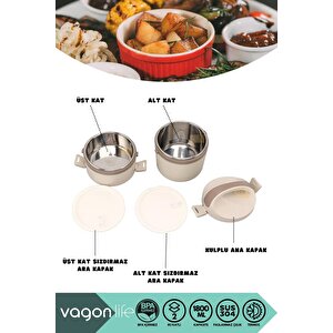 Vagonlife Bento 1800ml Lunchbox Yeni Koleksiyon 2 Katlı 4-6saat Termos Özellikli Çelik Sefer Tası Yemek Kutusu Bej