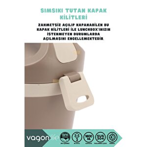 Vagonlife Bento 1800ml Lunchbox Yeni Koleksiyon 2 Katlı 4-6saat Termos Özellikli Çelik Sefer Tası Yemek Kutusu Bej