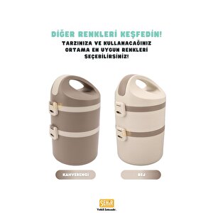Vagonlife Bento 1800ml Lunchbox Yeni Koleksiyon 2 Katlı 4-6saat Termos Özellikli Çelik Sefer Tası Yemek Kutusu Bej