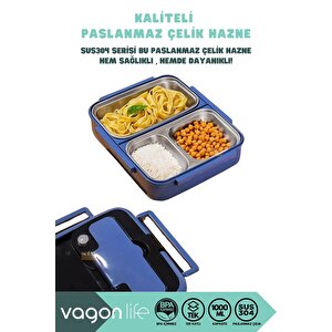 Vagonlife Bento 1000ml Lunchbox Yeni Koleksiyon Tek Katlı 3 Bölmeli Paslanmaz Çelik Sefer Tası Yemek Kutusu Kırmızı