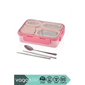 Bento 950ml Lunchbox Yeni Koleksiyon Tek Katlı 4 Bölmeli Çelik Sefer Tası Yemek Kutusu Pembe