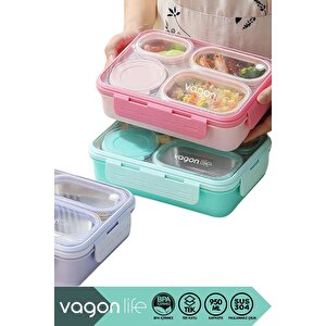 Vagonlife Bento 950ml Lunchbox Yeni Koleksiyon Tek Katlı 4 Bölmeli Çelik Sefer Tası Yemek Kutusu Pembe