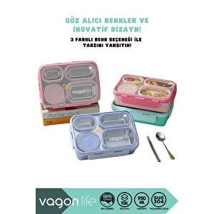 Vagonlife Bento 950ml Lunchbox Yeni Koleksiyon Tek Katlı 4 Bölmeli Çelik Sefer Tası Yemek Kutusu Pembe