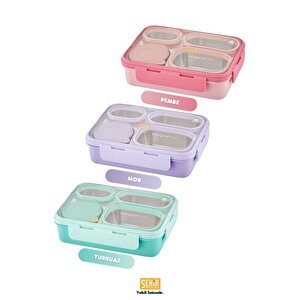 Vagonlife Bento 950ml Lunchbox Yeni Koleksiyon Tek Katlı 4 Bölmeli Çelik Sefer Tası Yemek Kutusu Pembe
