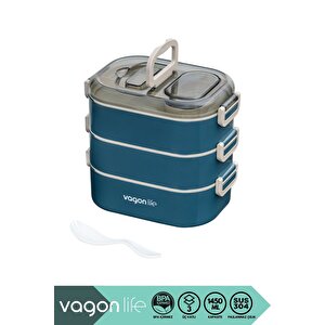 Bento 1450ml Lunchbox Yeni Koleksiyon Üç Katlı 5 Bölmeli Çelik Sefer Tası Yemek Kutusu Lacivert