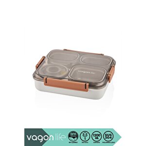 Bento 1200ml Lunchbox Yeni Koleksiyon Tek Katlı 4 Bölmeli Ve Kaseli Çelik Sefer Tası Yemek Kutusu Turuncu
