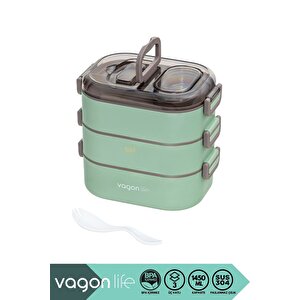 Bento 1450ml Lunchbox Yeni Koleksiyon Üç Katlı 5 Bölmeli Çelik Sefer Tası Yemek Kutusu Yeşil