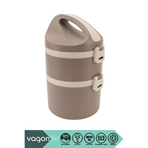 Bento 1800ml Lunchbox Yeni Koleksiyon 2 Katlı 4-6saat Termos Özellikli Çelik Sefer Tası Yemek Kutusu Kahverengi