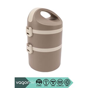 Bento 1800ml Lunchbox Yeni Koleksiyon 2 Katlı 4-6saat Termos Özellikli Çelik Sefer Tası Yemek Kutusu Kahverengi
