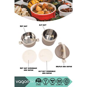 Vagonlife Bento 1800ml Lunchbox Yeni Koleksiyon 2 Katlı 4-6saat Termos Özellikli Çelik Sefer Tası Yemek Kutusu Kahverengi