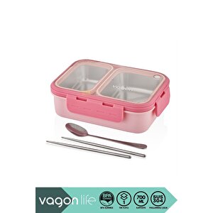 Bento 700ml Lunchbox Yeni Koleksiyon Tek Katlı 2 Bölmeli Çelik Sefer Tası Yemek Kutusu Pembe