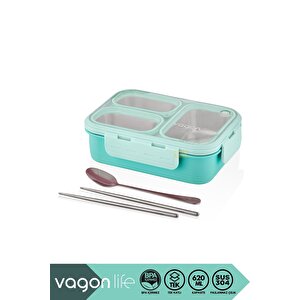 Bento 620ml Lunchbox Yeni Koleksiyon Tek Katlı 3 Bölmeli Çelik Sefer Tası Yemek Kutusu Turkuaz