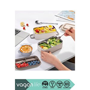 Vagonlife Bento 2000ml Lunchbox Yeni Koleksiyon 2 Katlı 3 Bölmeli Mini Kaseli Çelik Sefer Tası Yemek Kutusu Kahverengi