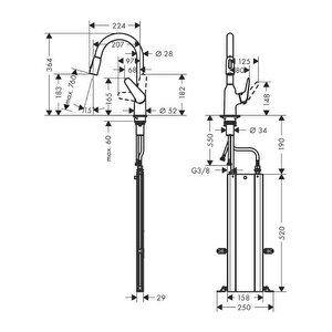 Hansgrohe Focus M42 Tek Kollu Eviye Bataryası 180, Çekilebilir El Duşu, 2jet, Sbox - 71821000