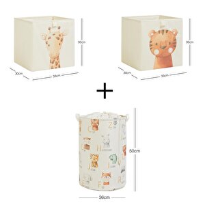 3'lü Çocuk Odası Sevimli Hayvanlar Kutu Sepet Set 2 Adet 33 X 30 X 33 / 1 Adet 36 X 50 Cm