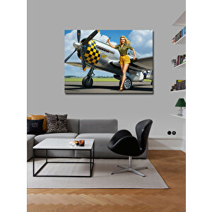 Kanvas Tablo Sarı Uçak Ve Kadın Figürü 100x140 cm