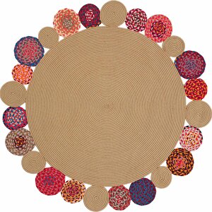 Luke 427 Renkli Yuvarlak Halı Bohem Örgü Hasır Kilim Dekoratif Mutfak Balkon Banyo Halısı 180x180 cm