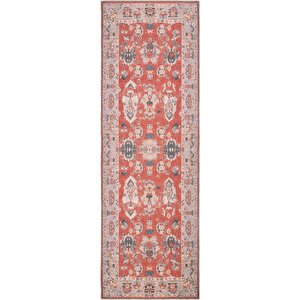 Private Kırmızı Eskitme Halı Otantik Etnik Desenli Şönil Yolluk Yıkanabilir Koridor Halısı 75x300 cm