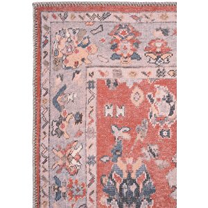 Private Kırmızı Eskitme Halı Otantik Etnik Desenli Şönil Yolluk Yıkanabilir Koridor Halısı 75x300 cm