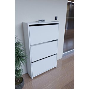 Düşer Kapak Ayakkabılık Duvara Monte Edilebilir Kayar Raflı 3 Kapaklı - Beyaz