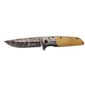 A2150c Kahve Kamp Çakısı 21cm- Manuel, Ahşap İşlemeli Sap,kemerlikli